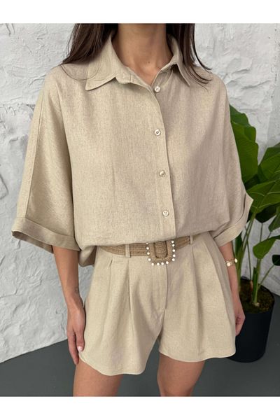 Elif Özbey Butik Stone Linen Shorts Set