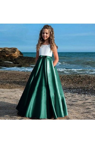 MadyaButik Girls' Dress Graduation Birthday Dress Two-Color Long Satin Dress Children's Evening Dress