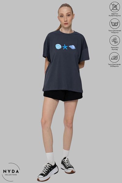 Nyda Collections Women's Crew Neck Sea Themed Printed Cotton Oversize Short Sleeve T-Shirt