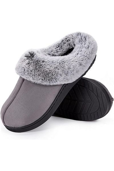 HomeTop Memory foam slippers, rubber sole, faux fur, gray, size 36, HomeTop