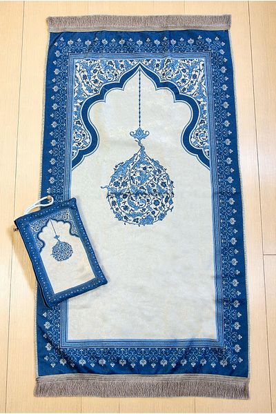 ihvanonline Portable Pouch Mihrap Patterned Silk Textured Velvet Prayer Rug Blue