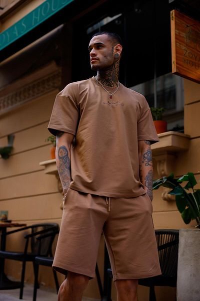 ACTIVE MODA Tan Color Crew Neck Shorts T-Shirt Set