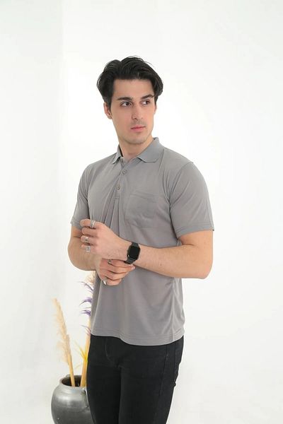 KMKkombin Father King Size Collar Pocket Plain Model Single Color T-Shirt