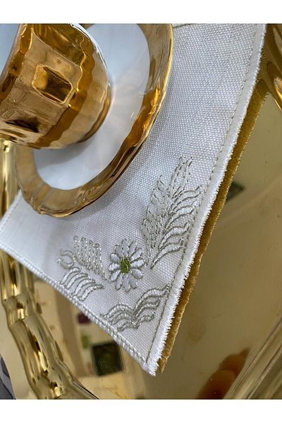 CekModa Stain-Resistant, Washable. Gardenia Fabric 6 Luxury Presentation Napkins with Embroidery - Request Promise Coffee Coaster