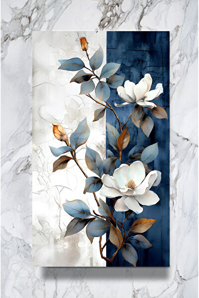 TRADE AYS Maviye Dokunan Beyaz Çiçekler Dekoratif Kanvas Duvar Tablo
