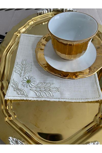CekModa Stain-Resistant, Washable. Gardenia Fabric 6 Luxury Presentation Napkins with Embroidery - Request Promise Coffee Coaster
