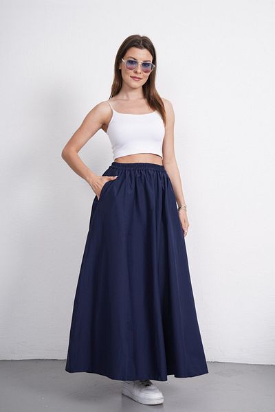 Gülmude Long Elastic Waist Poplin Fabric Double Pocket Relaxed Cut Hijab Skirt Unlined (Length 90 cm)