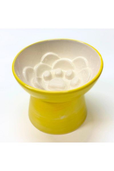 Pawstar Ceramic High Slow Eating Food Bowl – 400 Ml- Yellow Pattern