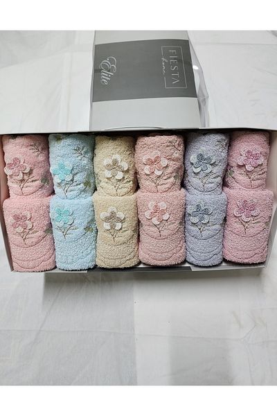 Fiesta Embroidered Mother and Daughter 50X90 (6 Pieces) 30X50 (6 Pieces) Colorful Cotton Towel Set