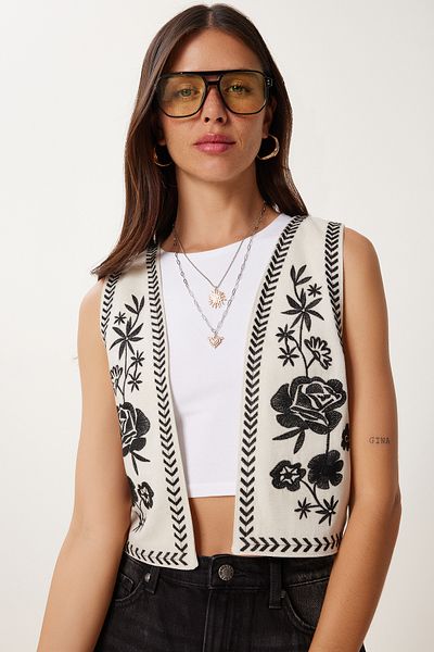 Lovelyİstanbul Flower Embroidered Linen Vest Stone Black Ldj0001