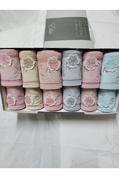 Fiesta Embroidered Mother and Daughter 50X90 (6 Pieces) 30X50 (6 Pieces) Colorful Cotton Towel Set