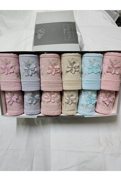 Fiesta Embroidered Mother and Daughter 50X90 (6 Pieces) 30X50 (6 Pieces) Colorful Cotton Towel Set