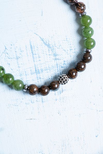 Deniz Doğal Taş Certified Bronze Jade Apatite Aquamarine Rhodonite Hematite Taurus Bracelet