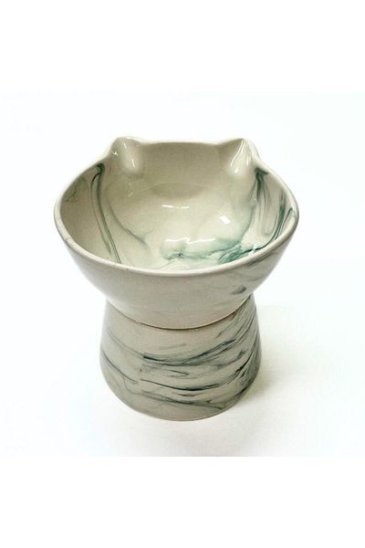 Pawstar High Ceramic Food and Water Bowl with Cat Figure – 400 ml – Green Pattern