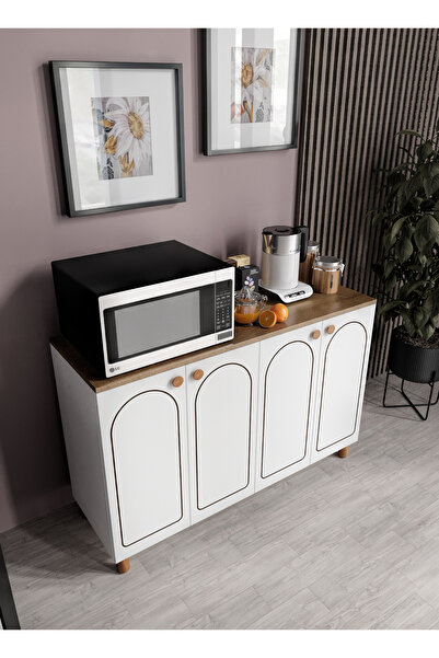 KZNMOB HOME Stella Çok Amaçlı Bohem Dolap Ceviz-Beyaz, 4 Kapaklı Bohem Kiler Mutfak Dolabı Beyaz, Bohem Konsol