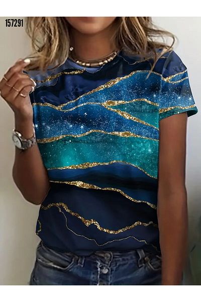 Modayakamoz Women's Short Sleeve Sandy Blouse Crew Neck Blue Glitter Printed