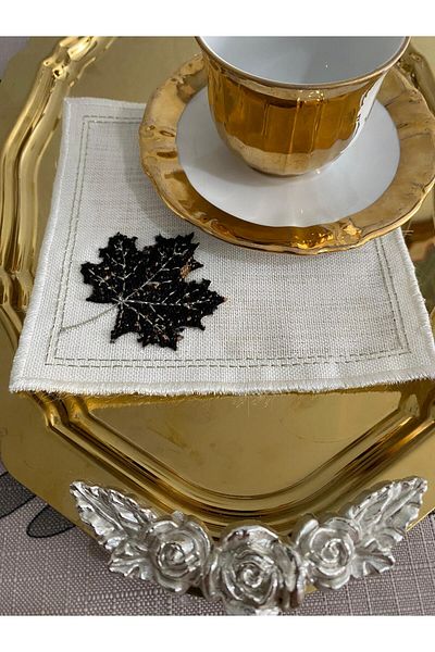 CekModa Stain-Resistant, Washable. Gardenia Fabric 6 Luxury Presentation Napkins with Embroidery - Request Promise Coffee Coaster