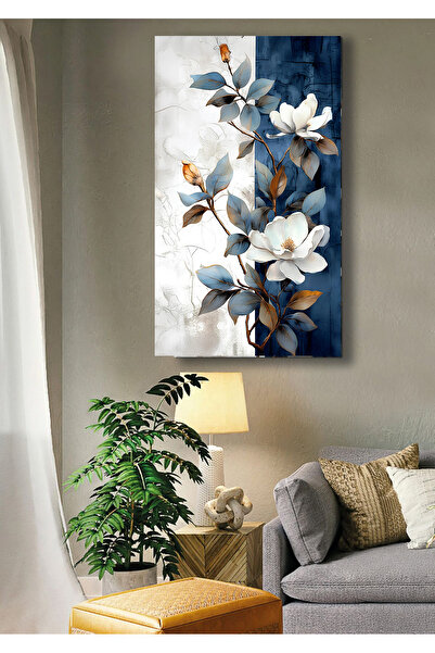 TRADE AYS Maviye Dokunan Beyaz Çiçekler Dekoratif Kanvas Duvar Tablo