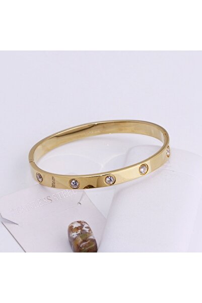 Tessero Fixed Bangle Bracelet, Zircon Stones, Stainless Steel, Gold-Plated 18K