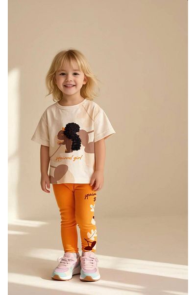 KidsSel New Season Girl's Cotton Embroidery Embroidered Squirrel Girl Written Tshirt Leggings Bottom Top Set