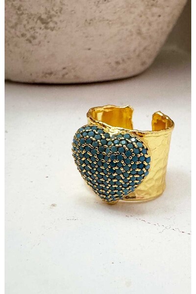 BYP Atelier خاتم قلب كريستال ذهبي-أزرق