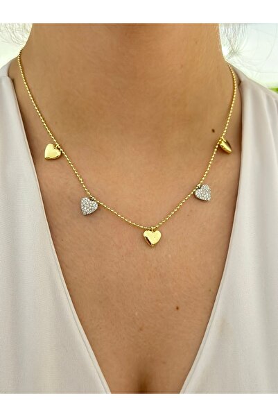 MyladyAccessoriess Çift Renk Zirkon Taş Detay Kalp Charm Çelik Kolye