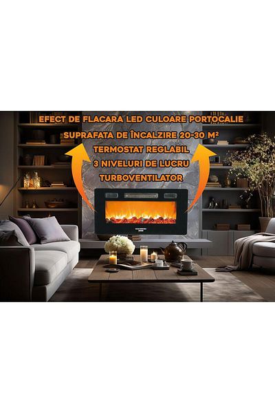 Hausberg Elektrický nástěnný krb HB-8225, 1800W, dálkové ovládání, 3 úrovně, turbo ventilátor, plamen