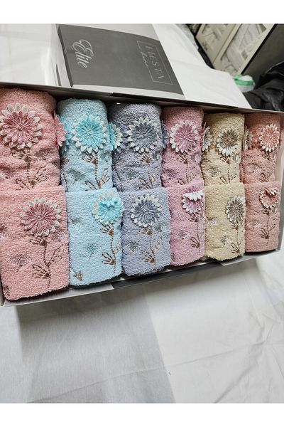 Fiesta Embroidered Mother and Daughter 50X90 (6 Pieces) 30X50 (6 Pieces) Colorful Cotton Towel Set