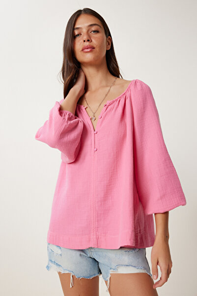 Lovelyİstanbul Μουσελίνα μπλούζα με κουμπί ΡΟΖ LMX0088