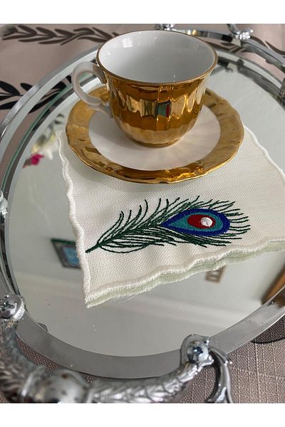 CekModa Stain-Resistant, Washable. Gardenia Fabric 6 Luxury Presentation Napkins with Embroidery - Request Promise Coffee Coaster