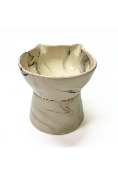 Pawstar High Ceramic Food and Water Bowl with Cat Figure – 400 ml - Black Pattern