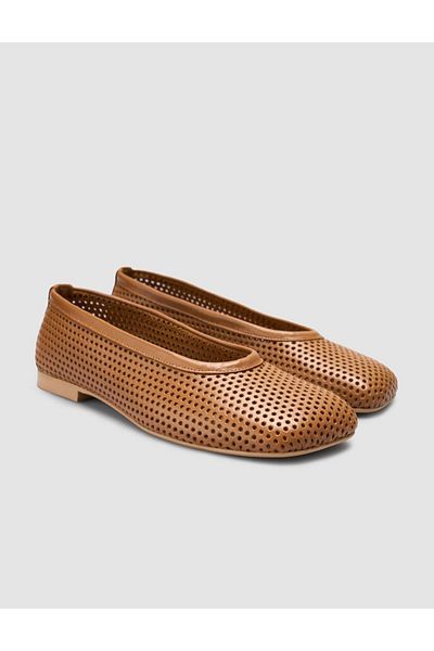 Cabani 100% Genuine Leather Tan Perforated Women's Ballerinas
