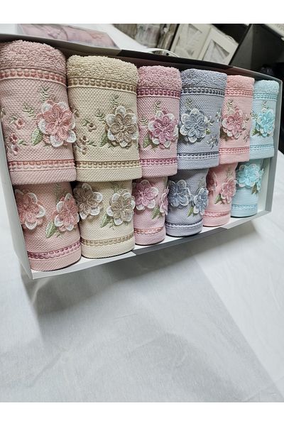 Fiesta Set de prosoape din bumbac colorate brodate Mama fiica 50x90 (6 buc) 30x50 (6 buc)