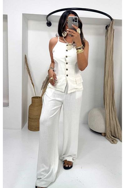 Sohotique By P Cotton Linen Back Waist Elastic Trousers Ecru
