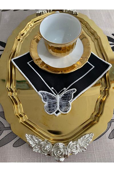 CekModa Stain-Resistant, Washable. Gardenia Fabric 6 Luxury Presentation Napkins with Embroidery - Request Promise Coffee Coaster
