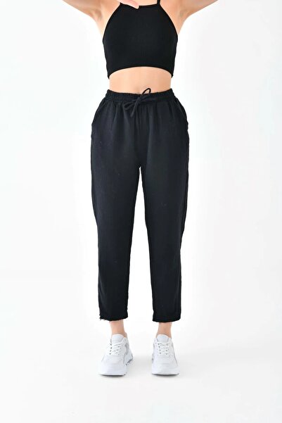 solena sln Women's New Season Linen Elastic Waist Tied Pocket Carrot Cut Trousers