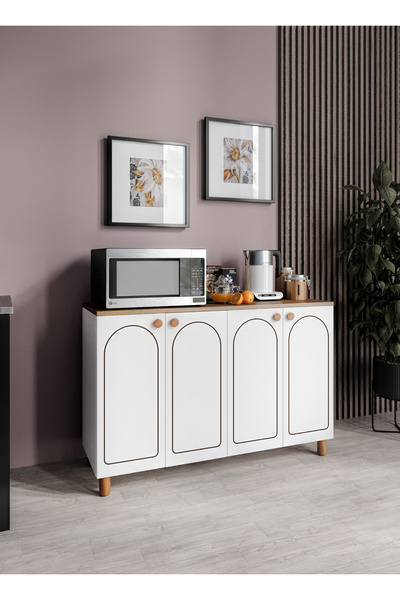 WENCE Stella Çok Amaçlı Bohem Dolap Meşe-Beyaz, 4 Kapaklı Bohem Kiler Mutfak ...