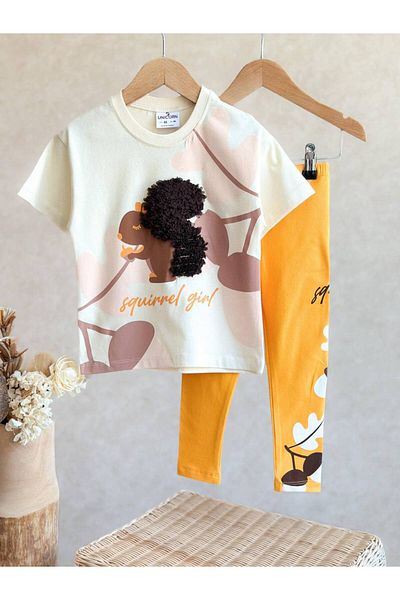 KidsSel New Season Girl's Cotton Embroidery Embroidered Squirrel Girl Written Tshirt Leggings Bottom Top Set