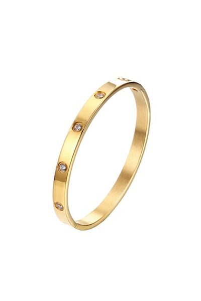 Tessero Fixed Bangle Bracelet, Zircon Stones, Stainless Steel, Gold-Plated 18K