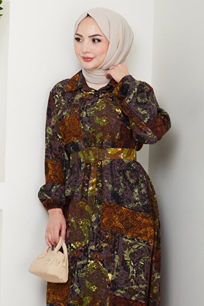 InStyle Mixed Bohemian Pattern Khaki Viscose Dress