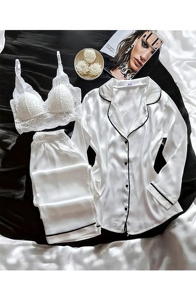 cdh çeyize dair herşey Sunshine White Silk Satin 3-Piece Shirt Collar Pajama Set 6735