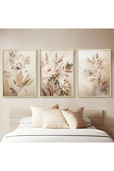 KOLAJTASARIM Krem Çiçek Detaylı Gold Metal Çerçeveli Cam Tablo /S