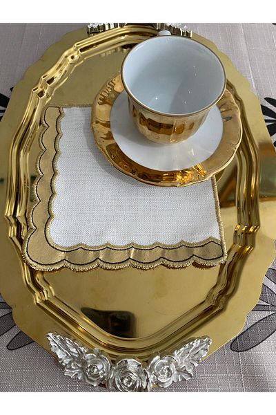 CekModa Stain-Resistant, Washable. Gardenia Fabric 6 Luxury Presentation Napkins with Embroidery - Request Promise Coffee Coaster