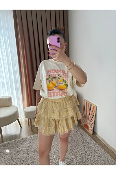 MahraWear Sarı Dantel Geçişli Etek