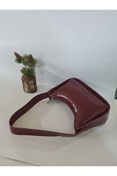 YMZBAG Burgundy Patterned Patent Leather Baguette Shoulder and Hand Bag