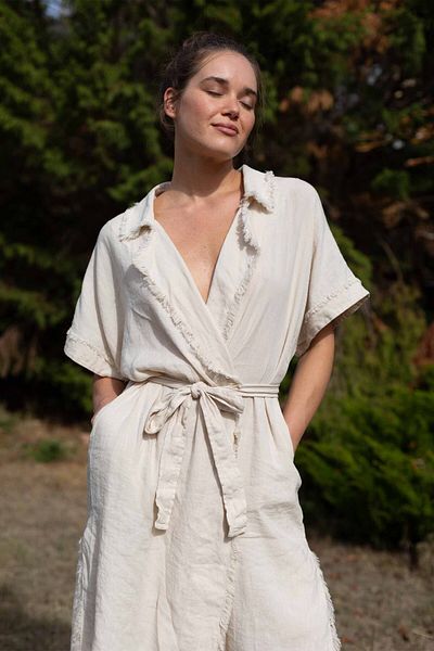 JOJOMIA April Tasseled Short Sleeve Women's Dressing Gown / Kimono Beige