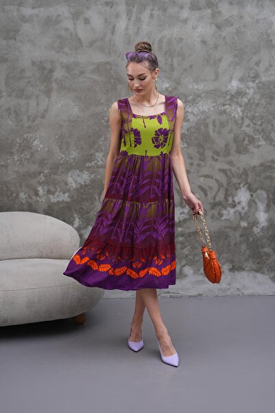 ŞİMAL Kadın Etnik Desenli Kare Yaka Uzun Elbise