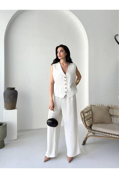 LE CARAMBOLE Women's Cream Lined Vest Pants Bottom Top Set