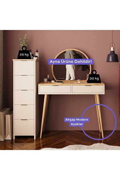 Bimossa Lucy Makyaj Masası Takımı T1060 – Sepet Kumtaşı | Aynalı, Çekmeceli Dolaplı Takı Düzenleyici