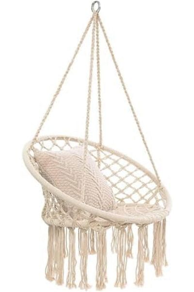 Generic Hammock Chair, Hanging Swing with Macrame and Cushion, Max 330 Lbs, Beige Hanging Cotton Rope Chair
